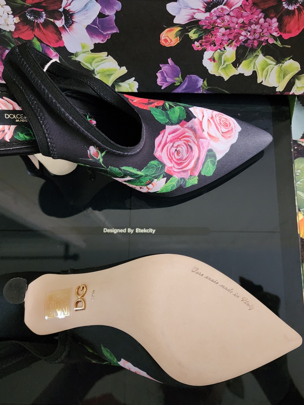 ‼️ON SALE‼️ New Dolce & Gabbana Black Slingback Pumps with Pink & Red Rose Print - Picture 9 of 13